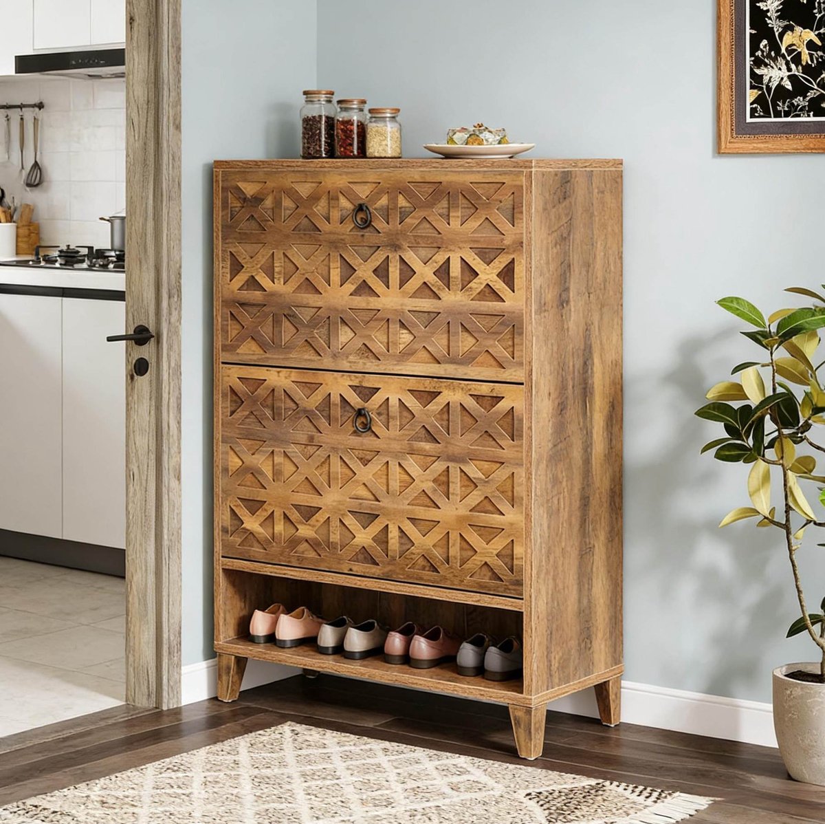 HAUSS SPOLE Schoenenkast – 80 x 24 x 110 cm – 2 Kleppen En Open Vak – Hout Met Metaalaccenten – Bruin – Voor Hal En Woonruimte
