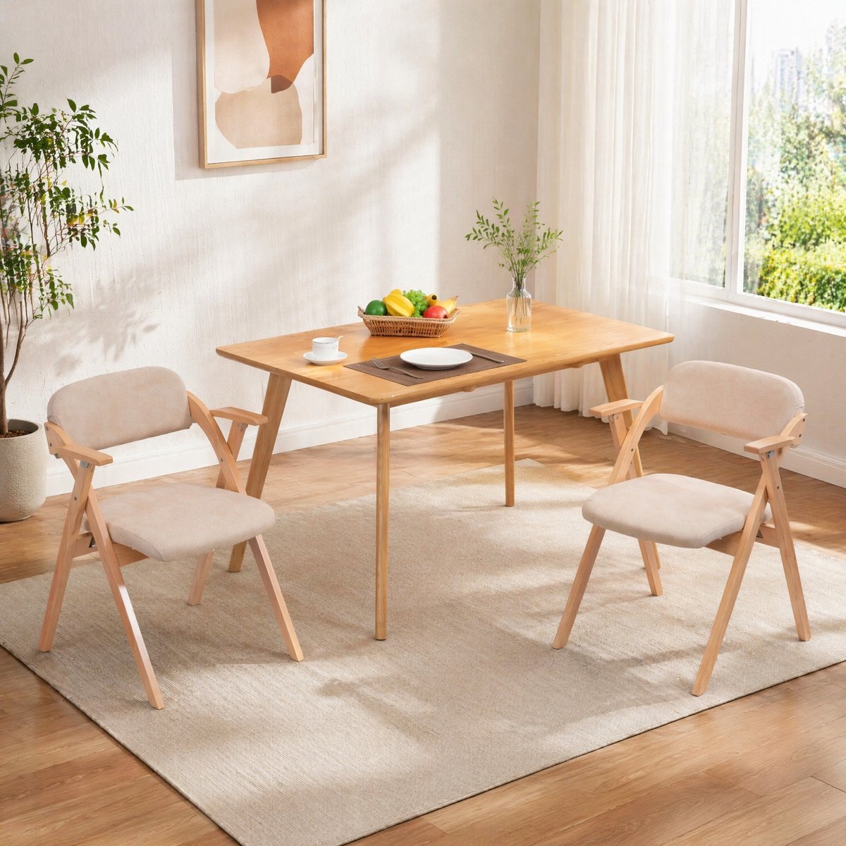 MEUNIQ inklapstoel set van 2 met armleuningen, gepolsterde zitting en rugleuning, beukenhouten klapstoel voor eetkamer, keuken of extra gasten, khaki