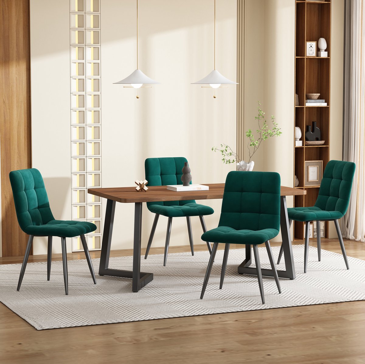MEUNIQ 5-delige eetkamerset met eettafel en 4 fluwelen eetkamerstoelen, walnootkleurig MDF tafelblad, zwarte metalen poten, modern tafel en stoelen set