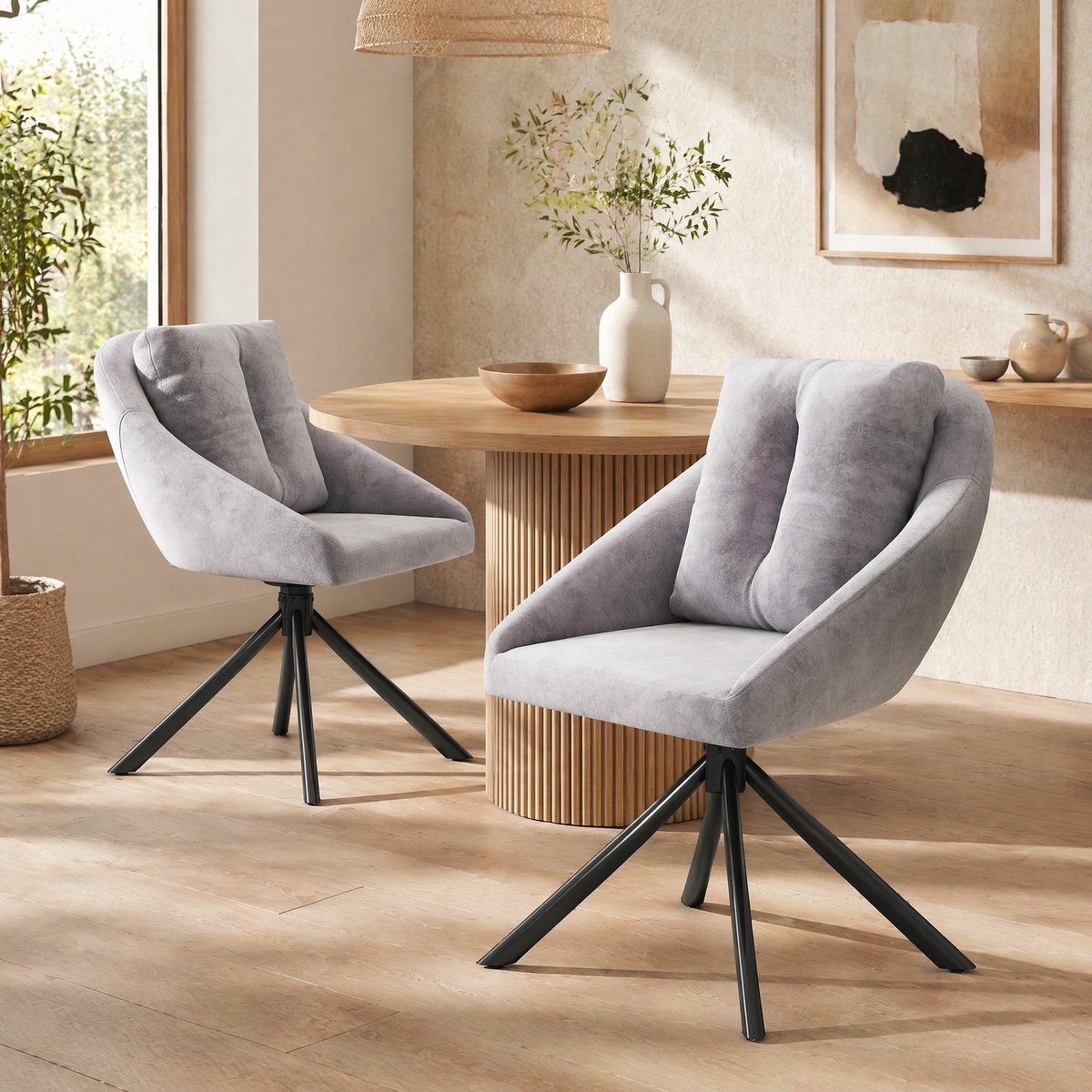 MEUNIQ draaibare eetkamerstoel set van 2 in grijs velvet met armleuningen, kuipstoel met metalen onderstel en ergonomische rugleuning voor eetkamer of werkplek