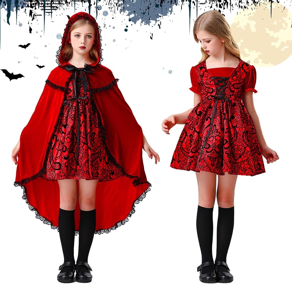Verkleedpak voor Meisjes in Maat 120-150 cm met Kap en Jurk - Roodkapje Kostuum voor Carnaval, Halloween en Toneelstukken