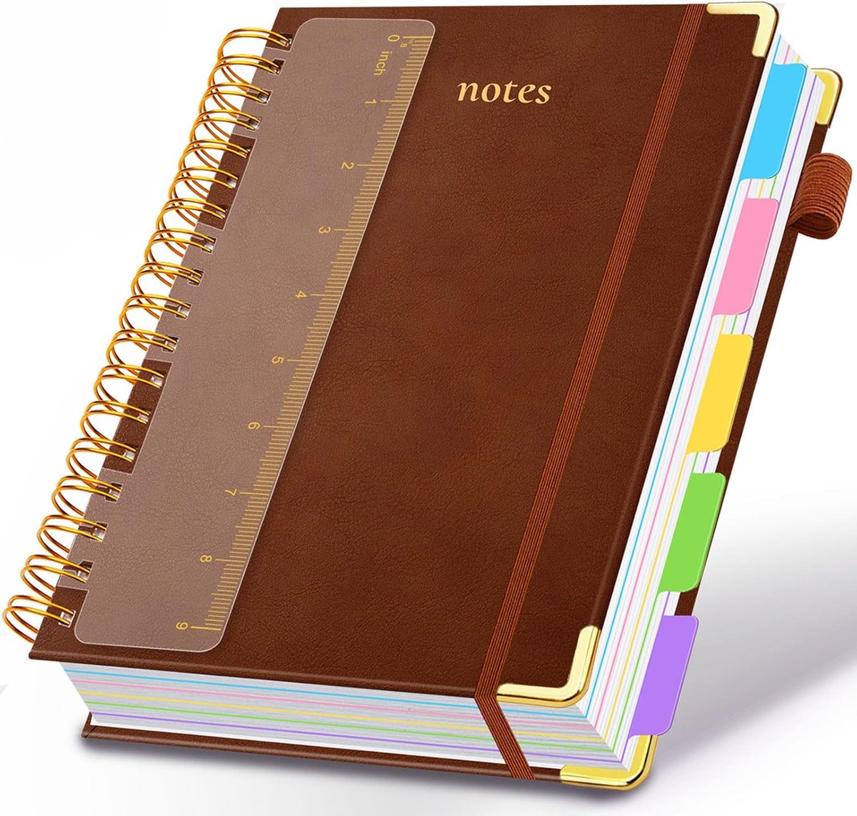 VHV-Notitieboek 8x10 inch - 5-Vaks Spiraalnotitieboek met 300 Pagina's en Leren Kaft - College Ruled Dagboek met Tabbladen en Bruin