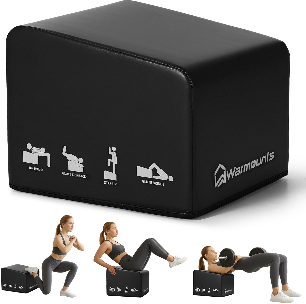 WARMOUNTS Hip Thrust Bench M - Glute Bridge Trainingsbank - Plyo Box - Fitness Box voor Home Gym - Antislip - Belastbaar tot 317 kg - 35 x 45 x 40 cm - Zwart