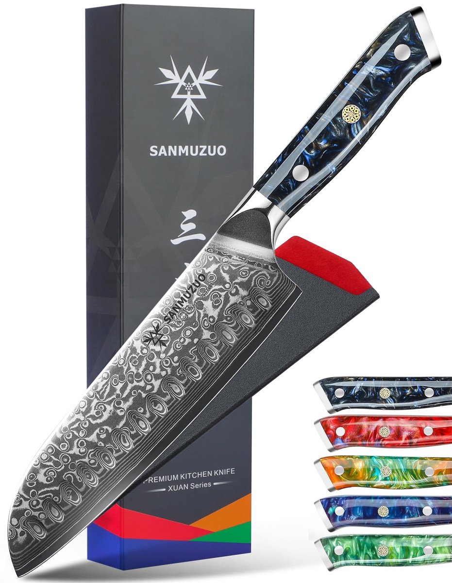 SnelShoppen - Professioneel Santoku mes 18 cm Koksmes Damastmes met Hars Handvat - 67 lagen Japans damaststaal VG10 - Xuan serie Sterren Zwart voor Ke