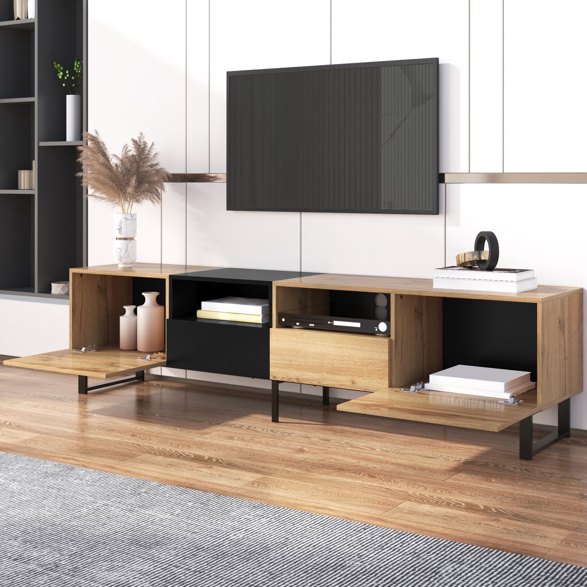 Moderne tv meubel 190x38x48cm - grote opbergruimte - met lades - zwart en houtkleur