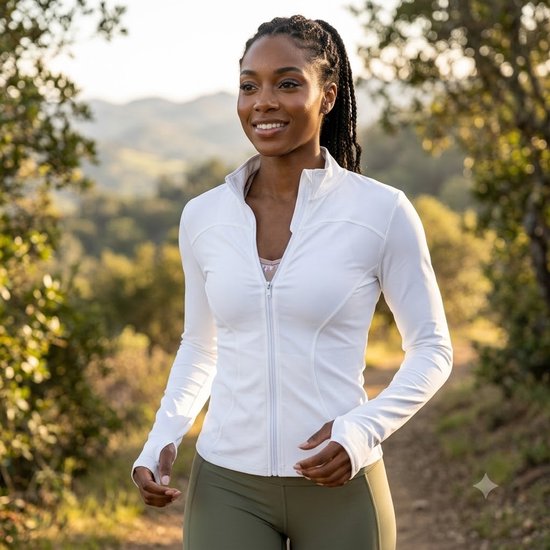 Witte sport jas dames slim fit volledige rits fitness jas yoga jas pilates trui hardloop jas met duim gaten hoge kraag aansluitend model lange mouwen euro maat M — afbeelding 4