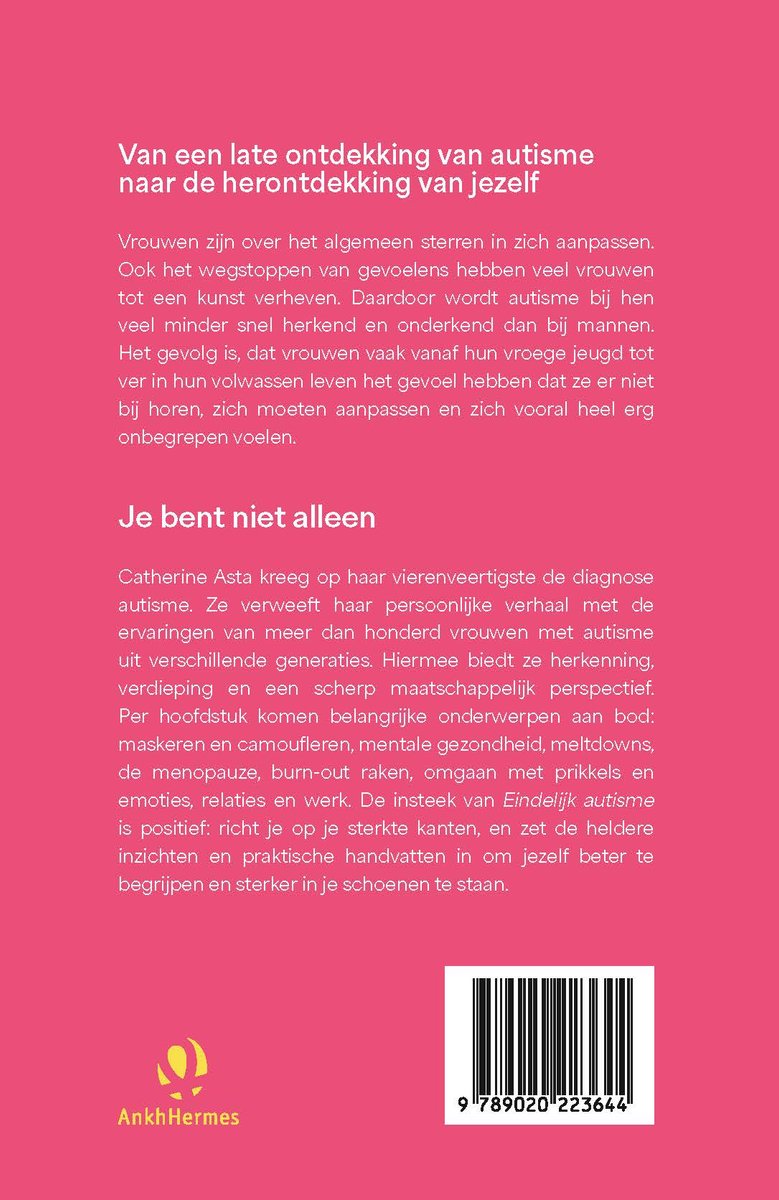 Boekcover met tekst 'Van een late ontdekking van autisme naar de herontdekking van jezelf'. Achtergrond met een subtiel patroon en een streepjescode.
