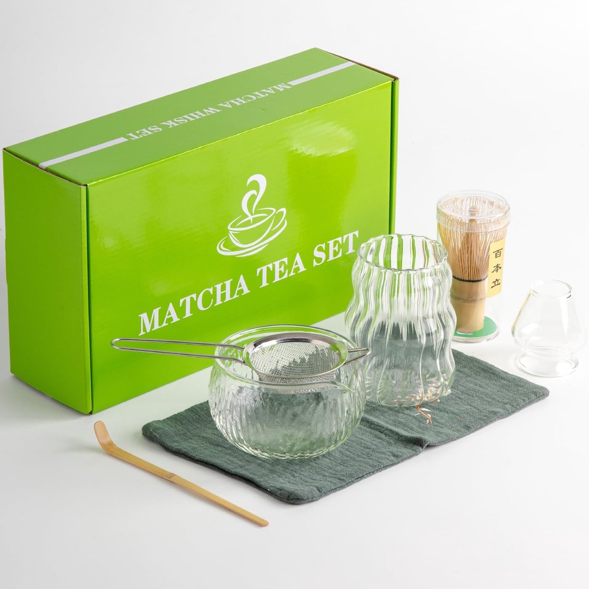 7-Delige Japanse Matcha Theeset - Matcha-Set Met Matcha-Kom - Matcha Garde Set Van Transparant Glas - Cadeau Voor Theeliefhebbers