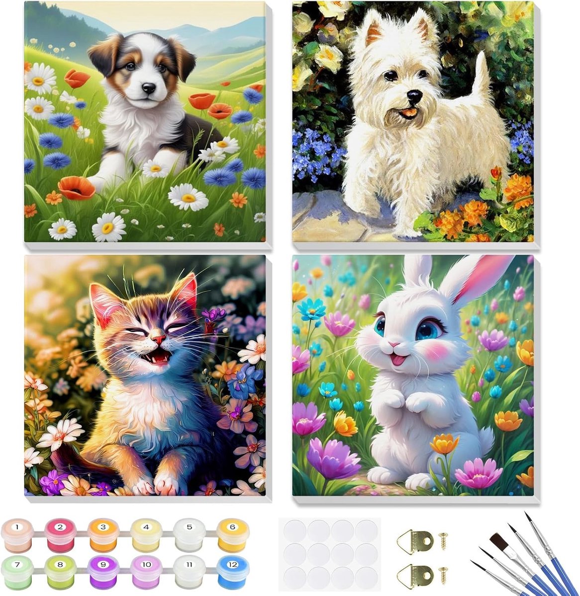 Måla na nummers schilderkit voor kinderen en volwassenen, 4-pack met canvas, acrylverf en houten lijst voor beginners, dieren schilderen met cijfers