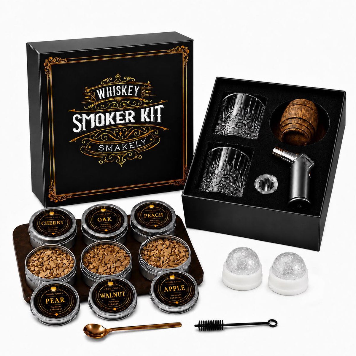 Smakely® Premium Whiskey en Cocktail Smoker Set - 15 delig - Inclusief brander - 6 Luxe Rookaroma’s van Houtsnippers – 2 Whiskeyglazen – 2 IJsblokjesvormen – Bourbon Rookset voor Gerookte Whisky en Cocktails – Luxe Cadeauset – Vaderdag Kado
