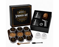Smakely® Premium Whiskey en Cocktail Smoker Set - 15 delig - Inclusief brander - 6 Luxe Rookaroma’s van Houtsnippers – 2 Whiskeyglazen – 2 IJsblokjesvormen – Bourbon Rookset voor Gerookte Whisky en Cocktails – Luxe Cadeauset – Vaderdag Kado