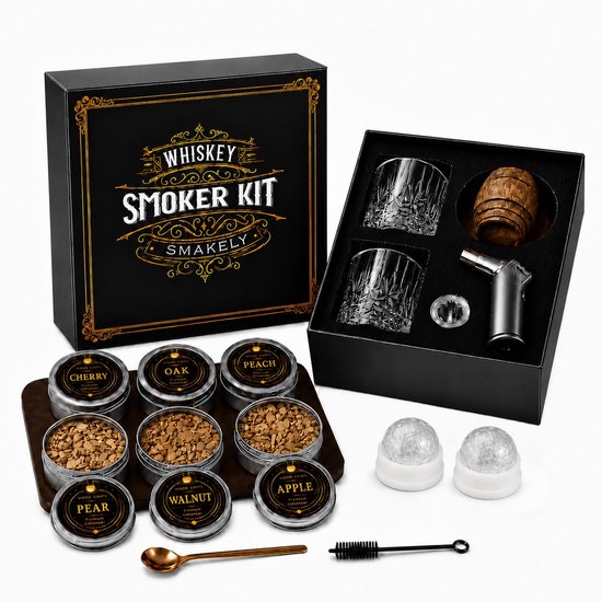 Smakely Whiskey Smoker Kit met 2 kristallen glazen, houten smoker, aansteker, 8 bakjes houtsnippers, ijsvormen en toebehoren.