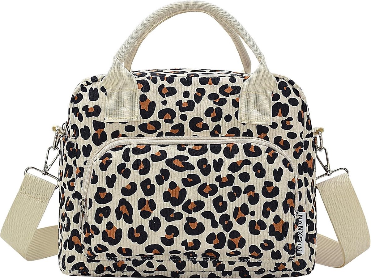 Grote Isolerende Lunchtas voor Dames en Heren, Herbruikbare Lunchbox, Schattige Corduroy Koeltas voor Werk, Picknick of Reizen (12L, Luipaard Zwart)