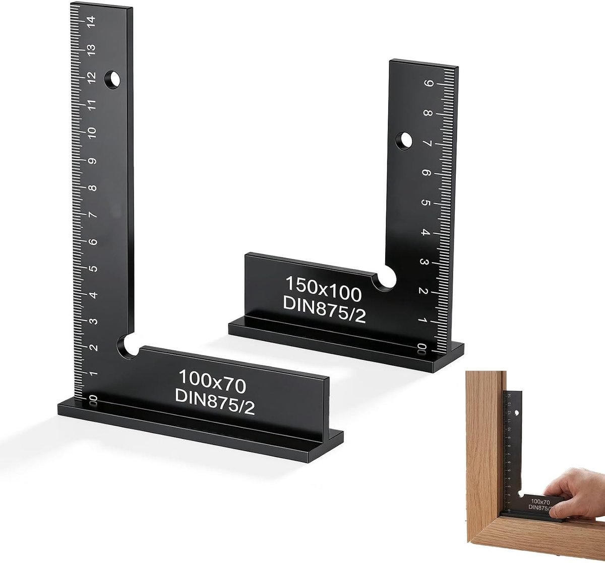 Set van 2 hoekbeugels 90° met meetschaal, perfect voor timmerwerk, metaalbewerking en precisiewerk, afmetingen 100 x 70 mm en 150 x 100 mm