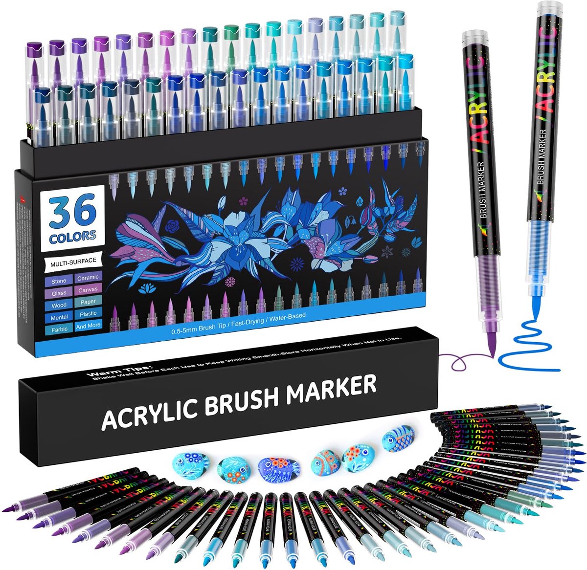 SnelShoppen - 36 Stuks Acrylverfstiften voor Rotsschilderen, Verfmarkers voor Steen, Glas, Keramiek, Hout, Metaal, Stof, Extra Fijne Punt 1-5 mm, Wate