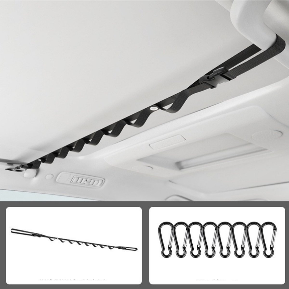 Waslijn voor in de auto - Ophanglijn voor in de auto - Waslijn - Kledingstang voor in de auto - Inclusief 8 karabijnhaken - Auto-accessoires - Geschikt voor de meeste auto's - Zwart - 83-119 cm - Karabijnhaken 4,7 × 2,3 cm