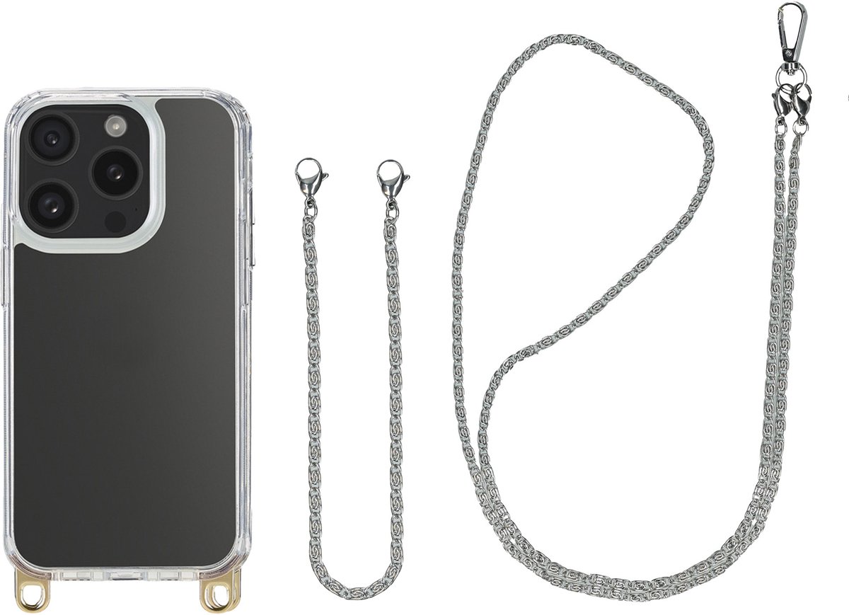 Selencia Transparant Hoesje met Haakjes inclusief Telefoonketting - Geschikt voor Apple iPhone 15 Pro - Zilver