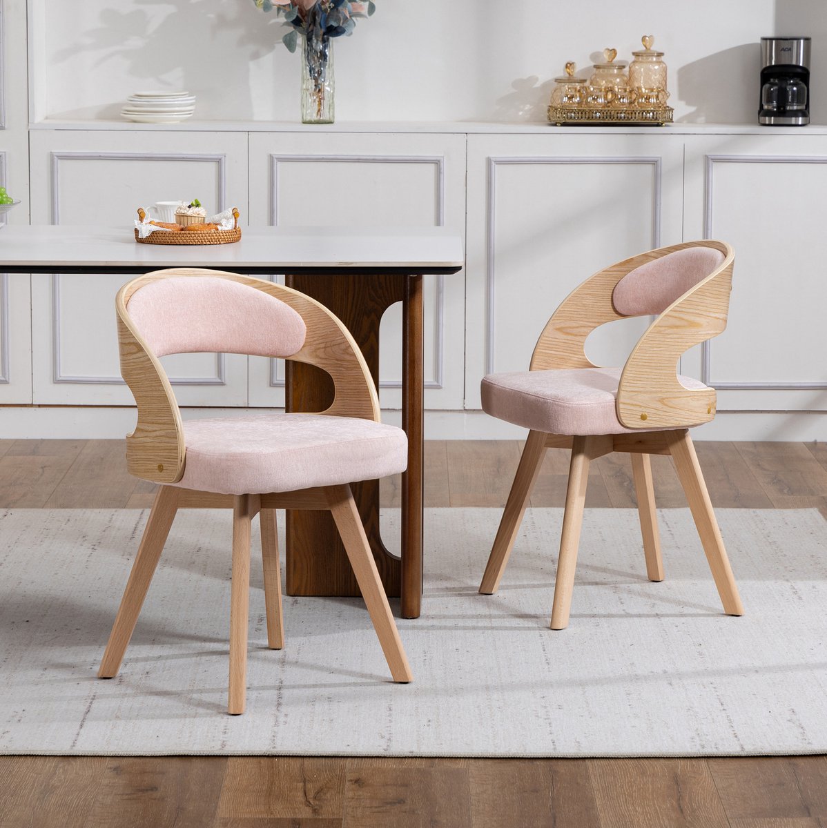 MEUNIQ eetkamerstoelen set van 2, 360° draaibare kuipstoelen met armleuningen, linnen bekleding en beukenhouten poten, 44 x 41 x 75 cm, roze