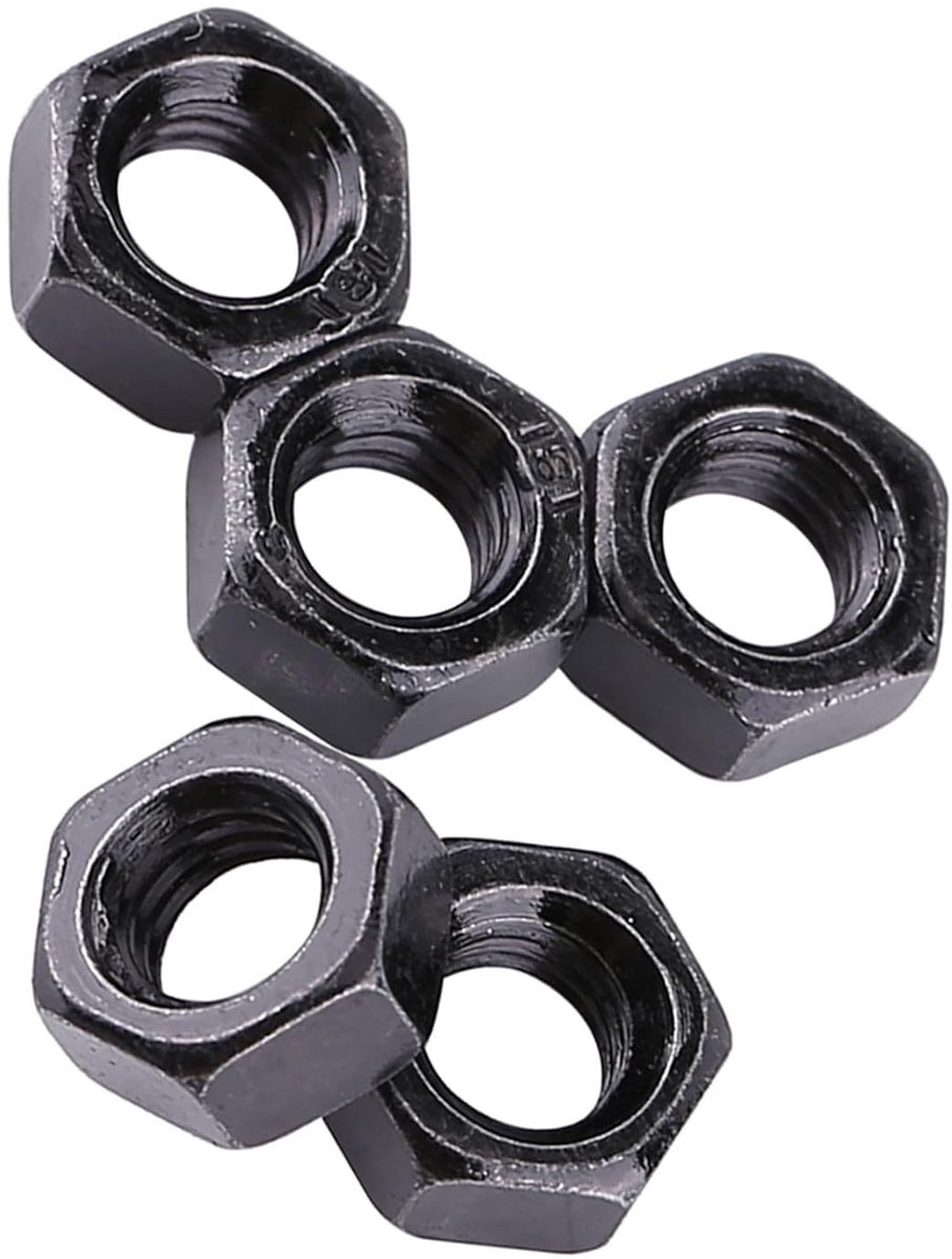 Set van 100 zwarte, verzinkte zeskantmoeren M2-M5 - Koolstofstaal, metrische schroefdraad