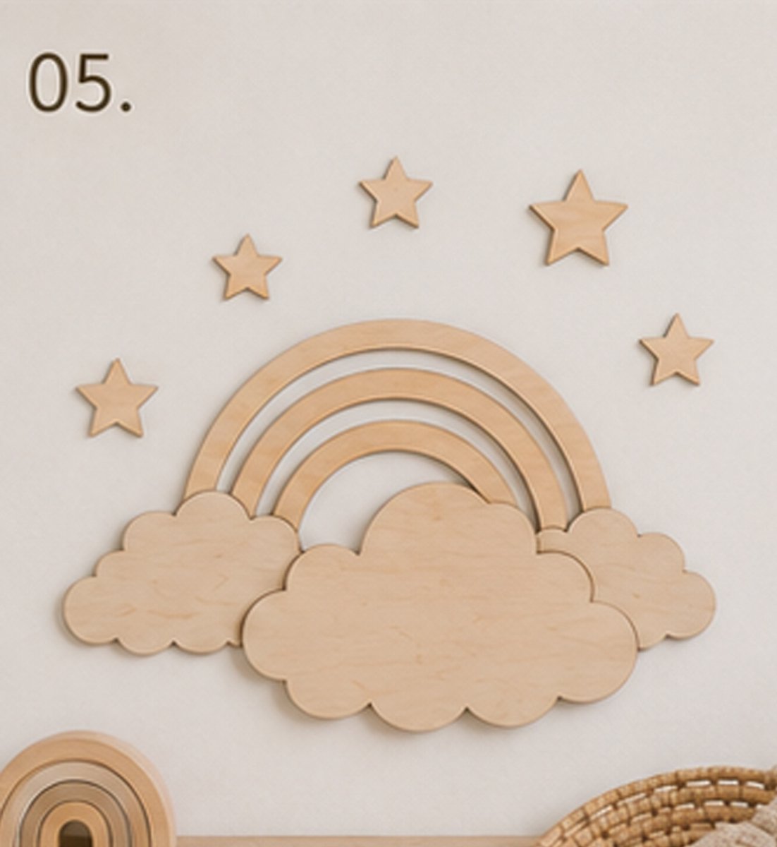 Model 05 – Houten Regenboog met Wolken en Sterren | Wanddecoratie Babykamer/kinderkamer/ wall decoration/ baby
