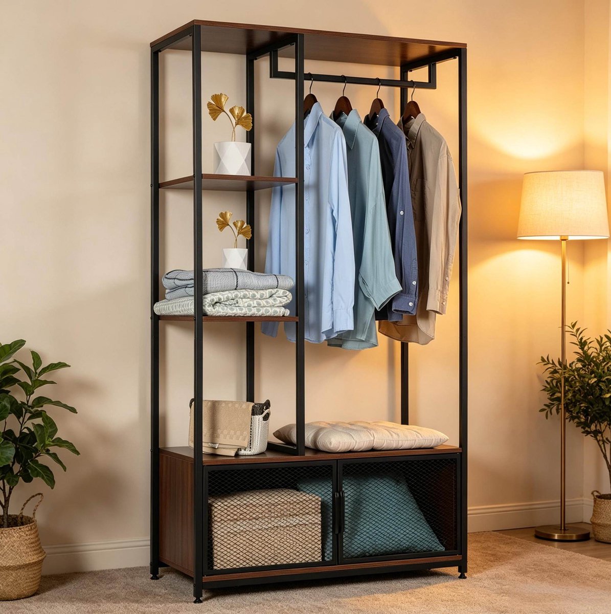 Kledingrek Met Planken - Open Ontwerp Met Hangrail En Opbergruimte - 90 X 40 X 167 Cm - MDF En Metaal - Zwart En Donker Houtkleur - Voor Slaapkamer En Hal