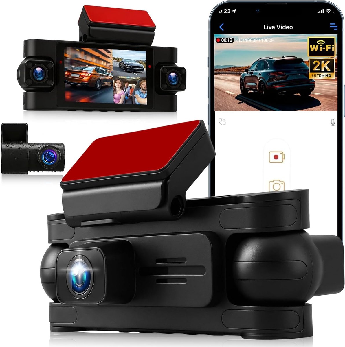 SnelShoppen - 360° 4-Kanaals Dashcam met GPS & 5G WiFi, 2K+3*1080P Voor-, Achter- en Binnenauto Camera, 3-inch IPS Scherm, Nachtzicht, 24/7 Parkeersta