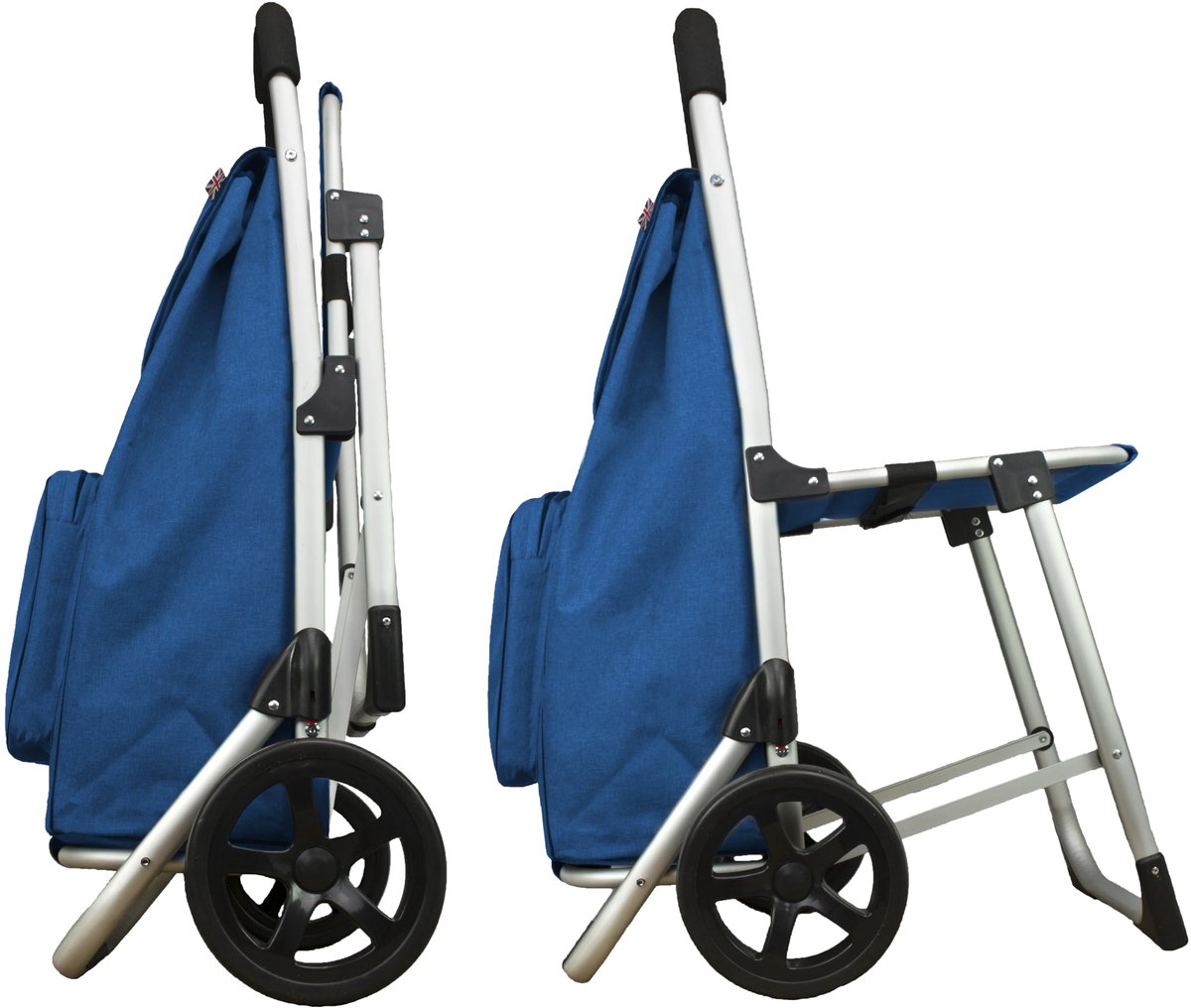 SnelShoppen - Aluminium Winkelwagen met Zitje Blauw voor Kinderen, Lichtgewicht en Stevig, Ideaal voor Boodschappen, Tuin en Dagjes Weg