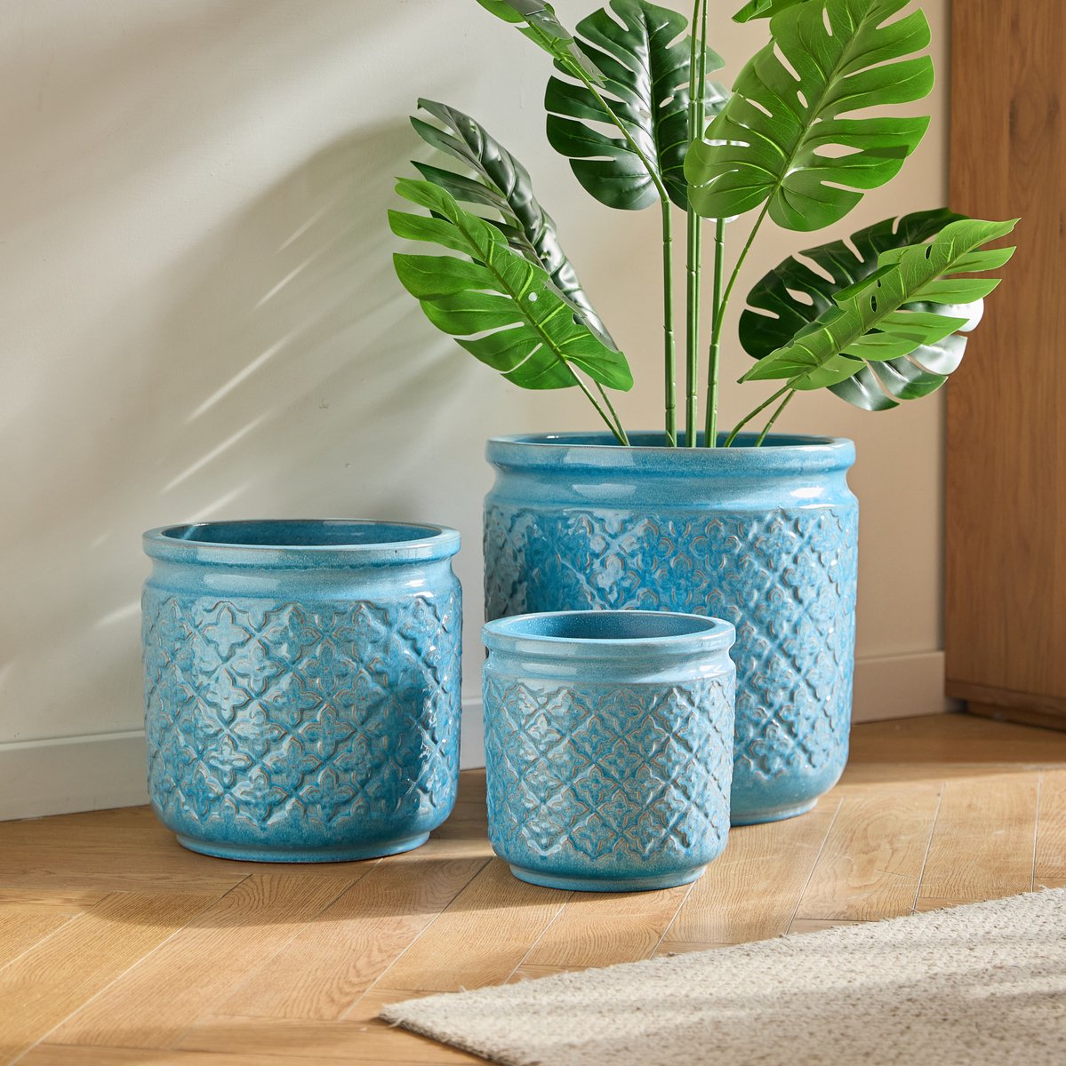 MODENUIT Bloempotset – 3-Delig – Ø 38,1/30,5/22,9 cm – Keramiek – Antiekblauw – Voor Binnen & Buiten
