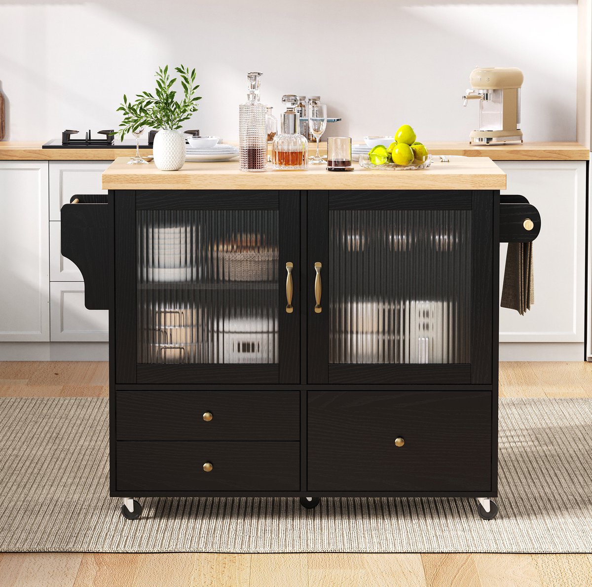 COVREO Keukeneiland 100x42-70x91,5 cm – zwart, MDF, op wielen met uitschuifbaar werkblad