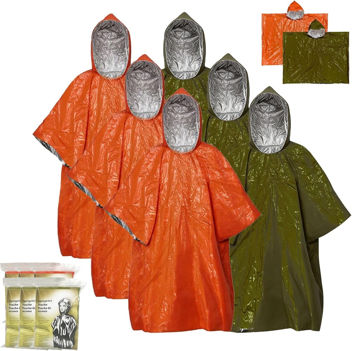 CAAGGMM Noodsurvivalponcho, 6 stuks, 125 x 100 cm, noodregenjas van aluminiumfolie, dubbelzijdige noodregenponcho met - ShopVlot