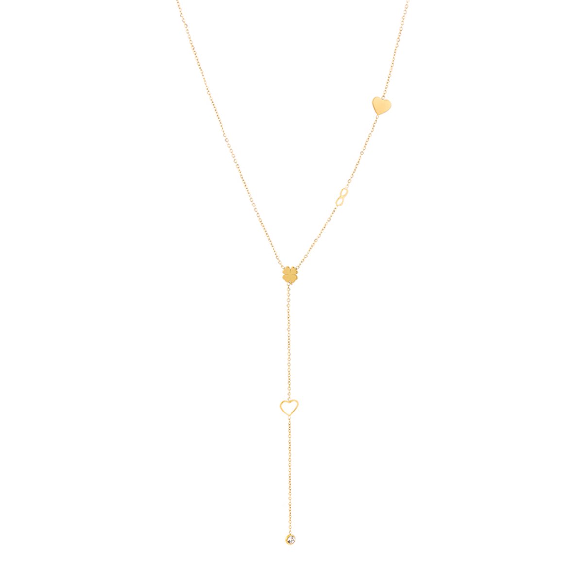 Luxe Y-Ketting Stainless Steel - Elegante Schakelketting met Verschillende Bedels en Zirkonia - Chique Dames Sieraad - Goud