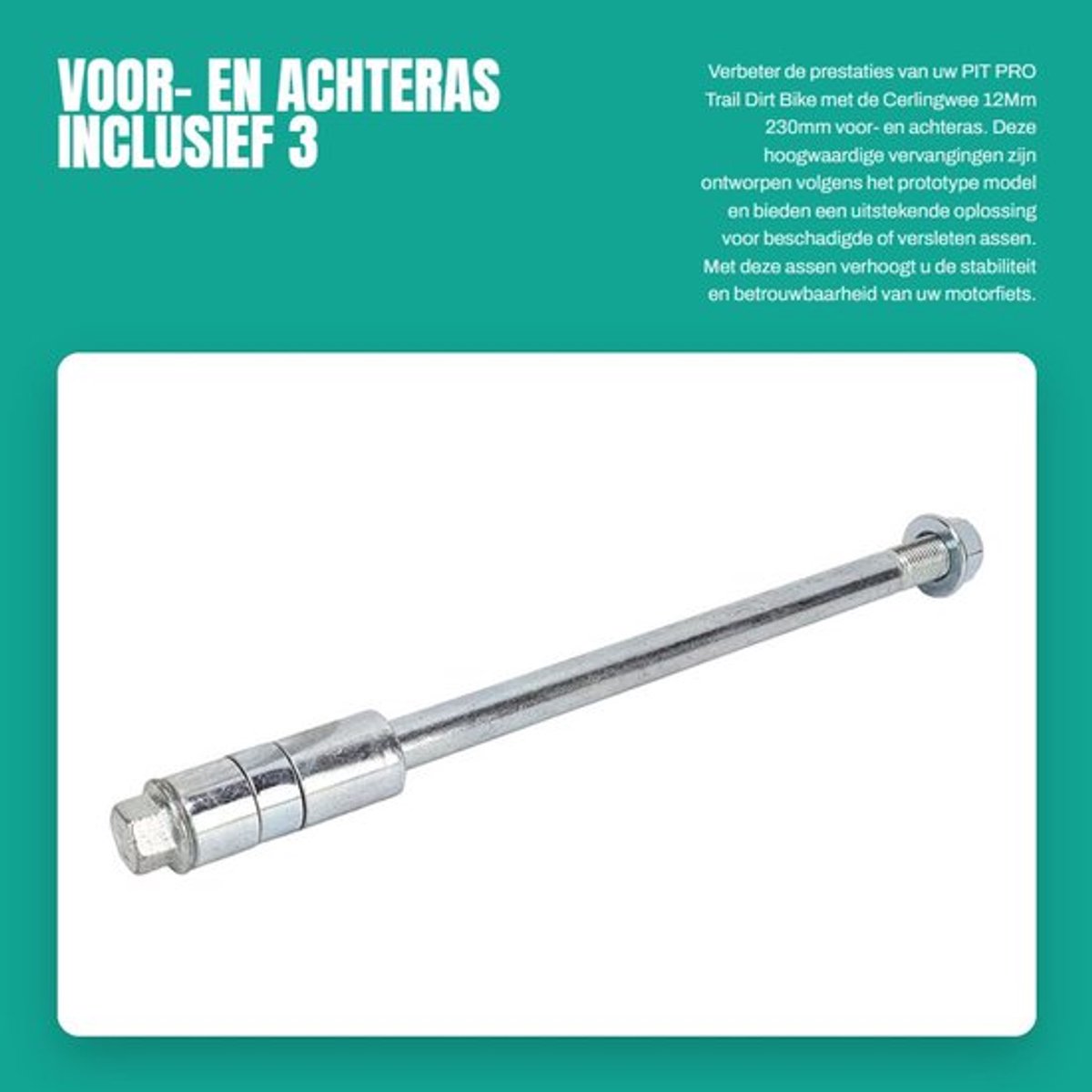 Wielas 12Mm - Voor PIT PRO - Achteras/Vooras - Hoogwaardig Staal - 3 Spacers - Schokbestendig/duurzaam - As
