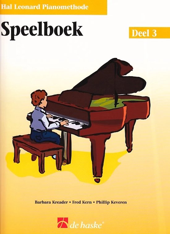 Un garçon joue sur un piano à queue, avec "Hal Leonard Pianomethode Speelboek Deel 3" en haut.