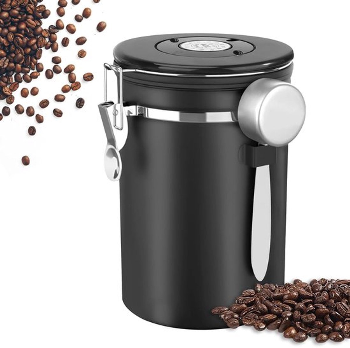 Koffieblik luchtdicht van roestvrij staal, 1,8 l koffieblik luchtdicht, koffiebonenhouder, koffieblik, met maatlepel en datumweergave, voor koffiebonen, thee, noten, cacao, langer en vers, wit (zwart)
