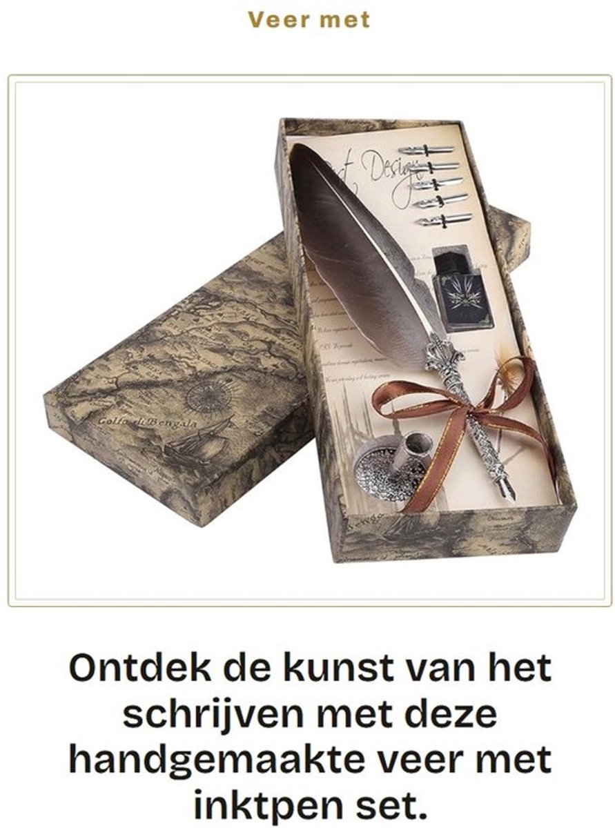 Verenpen Set met 6 Vervangbare Punten - Handgemaakte Kalligrafie Pen - Antieke Veer met Inkt - Professioneel Schrijven - Hoge Materiaallegering Penpunt - Kalligrafiepen