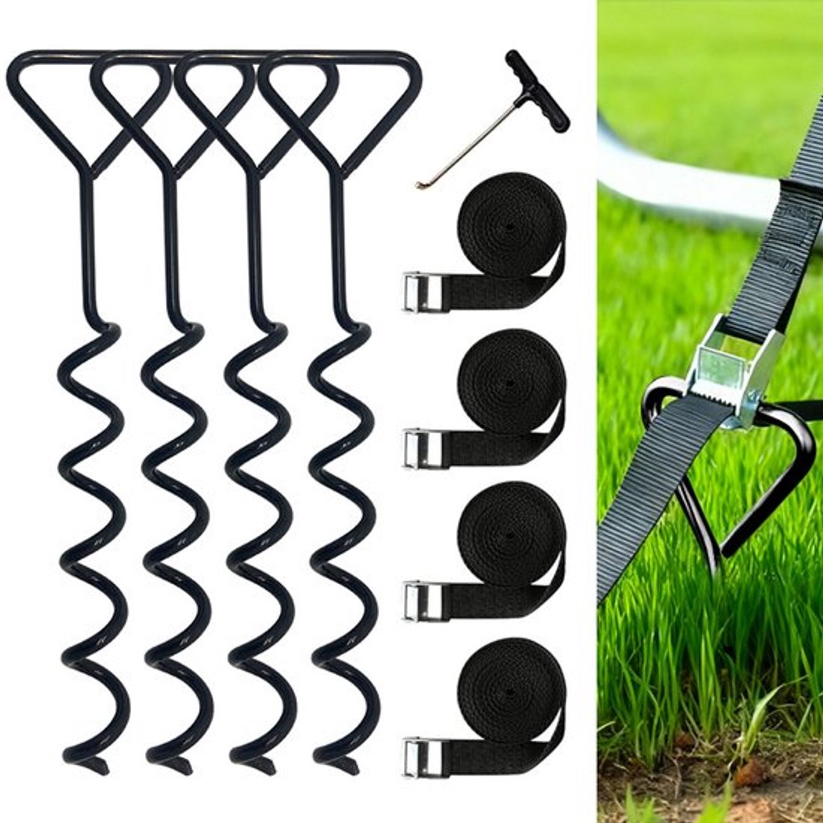 Trampolineankers, 4-delige trampolineankerset, inschroefankers, tentankers, met 4 banden, 30*5,5 cm, outdoor kampeeraccessoires.