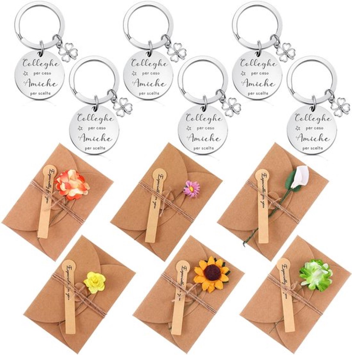 Cadeauset Vriendschap - Sleutelhanger van Roestvrij Staal - Envelop met Gedroogde Bloemen - Verjaardagscadeaus - Attent Geschenk - Zwart Kraftpapier - Geschenken