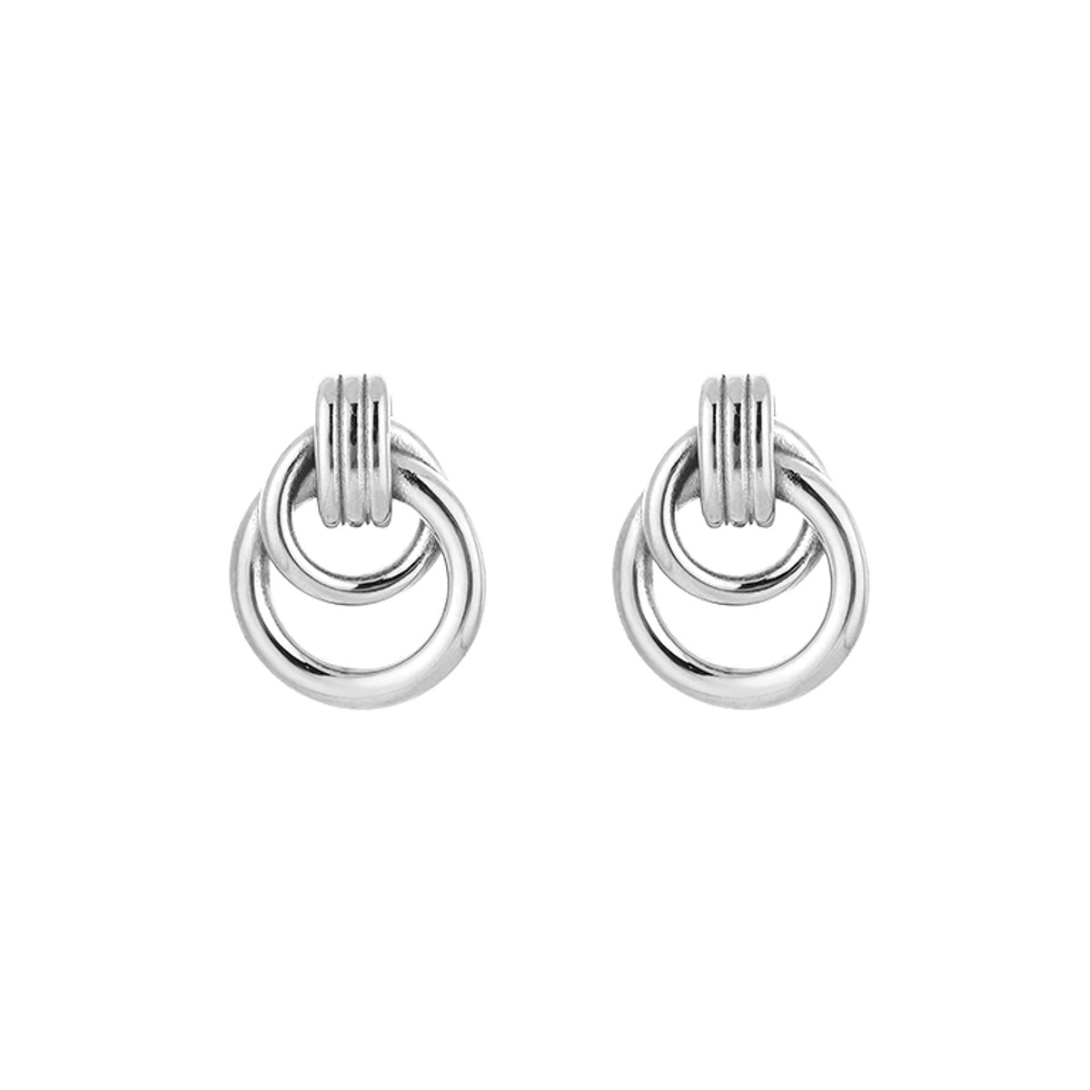 Stainless Steel Linked Double Ring Drop Earrings – Luxe Cirkel Hanger Oorbellen – RVS - Zilver