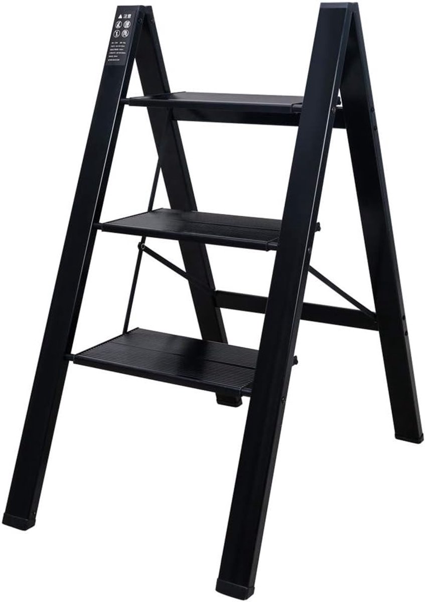 SnelShoppen - Vouwladder 3 Treden Lichtgewicht Aluminium Anti-slip Huishoudtrap, Opvouwbare Ladder voor Keuken, Tuin, Kantoor, Tot 135kg, Zwart
