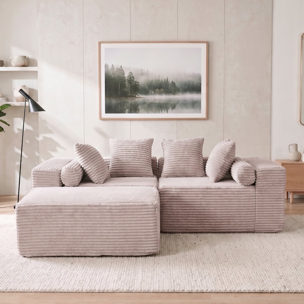 OKWISH Hoekbank 266 x 110 cm - Modulaire 3-Zits Bank Met Loungebank En Slaapfunctie - Zonder Montage - Chenille - Beige