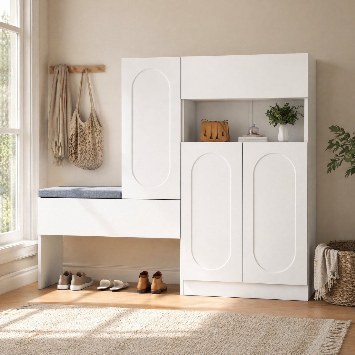 COVREO Schoenenkast 130x35x110 cm – wit, spaanplaat, 2-in-1 met zitbank en klapdeuren