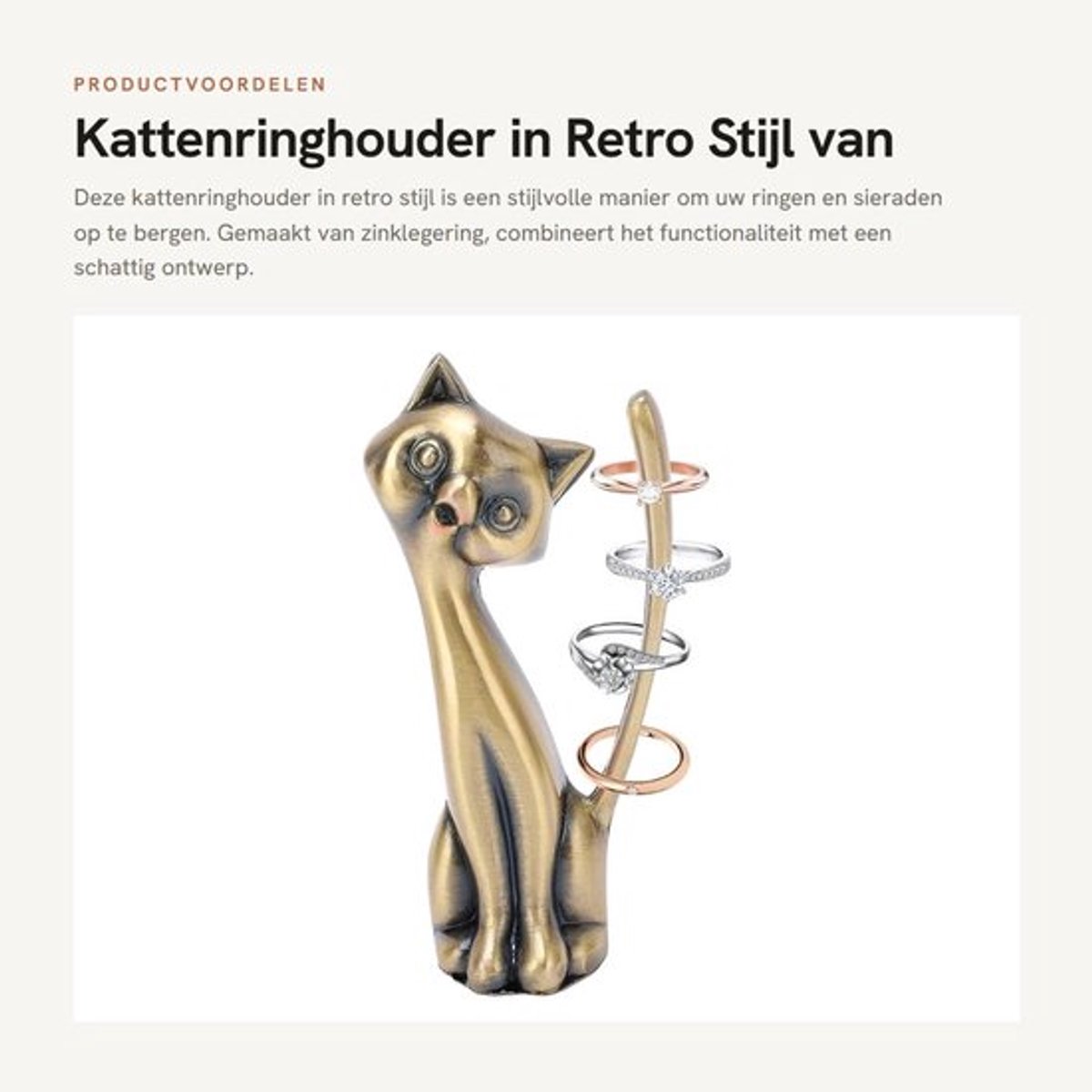 Kattenringhouder Zinklegering - Ringstandaard - Sieradenopslag - Kattenstijl - Decoratie - 7 x 2,5 x 3 cm