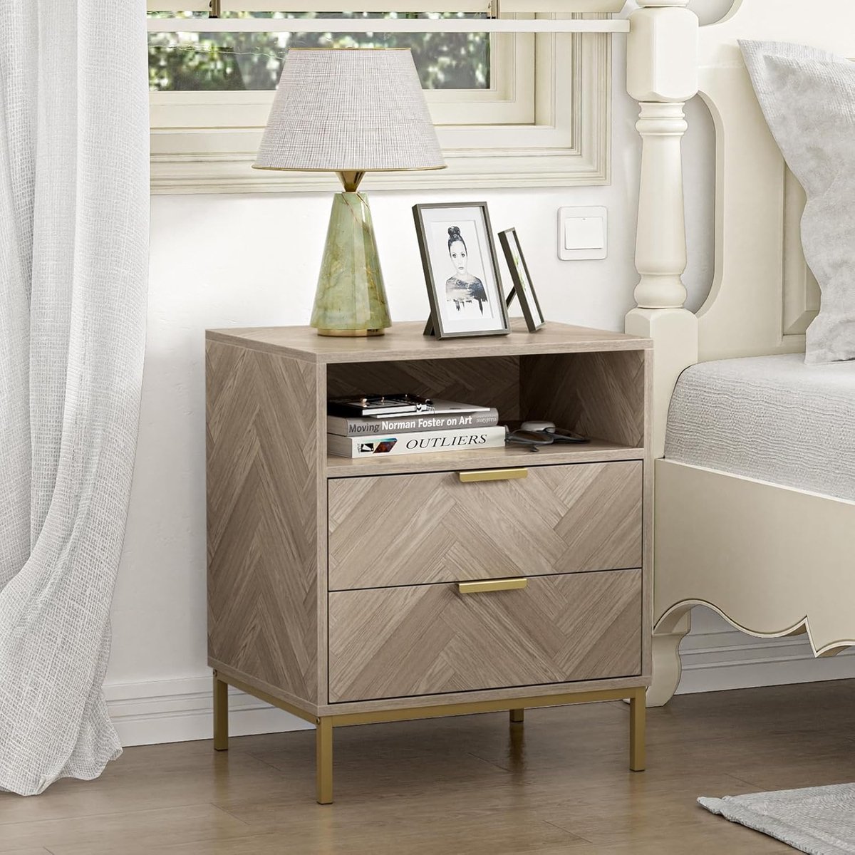 SnelShoppen - Bedside table met 2 rattan lades, houten nachtkastje, opbergmeubel, compact design, 50x40x60 cm, veelzijdig, stijlvol, ideaal voor slaap