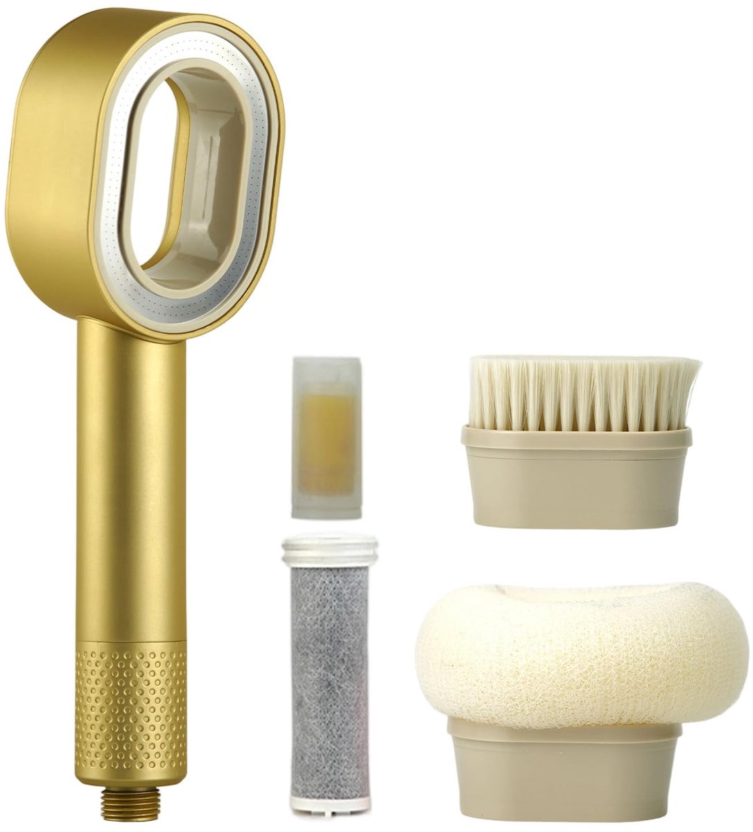 SnelShoppen - 3-in-1 Douchkop met Filter, Hogedruk Douchekop en Spons, Kalkfilter, Drukverhogend, Goud, Perfect voor Thuis en Wellness