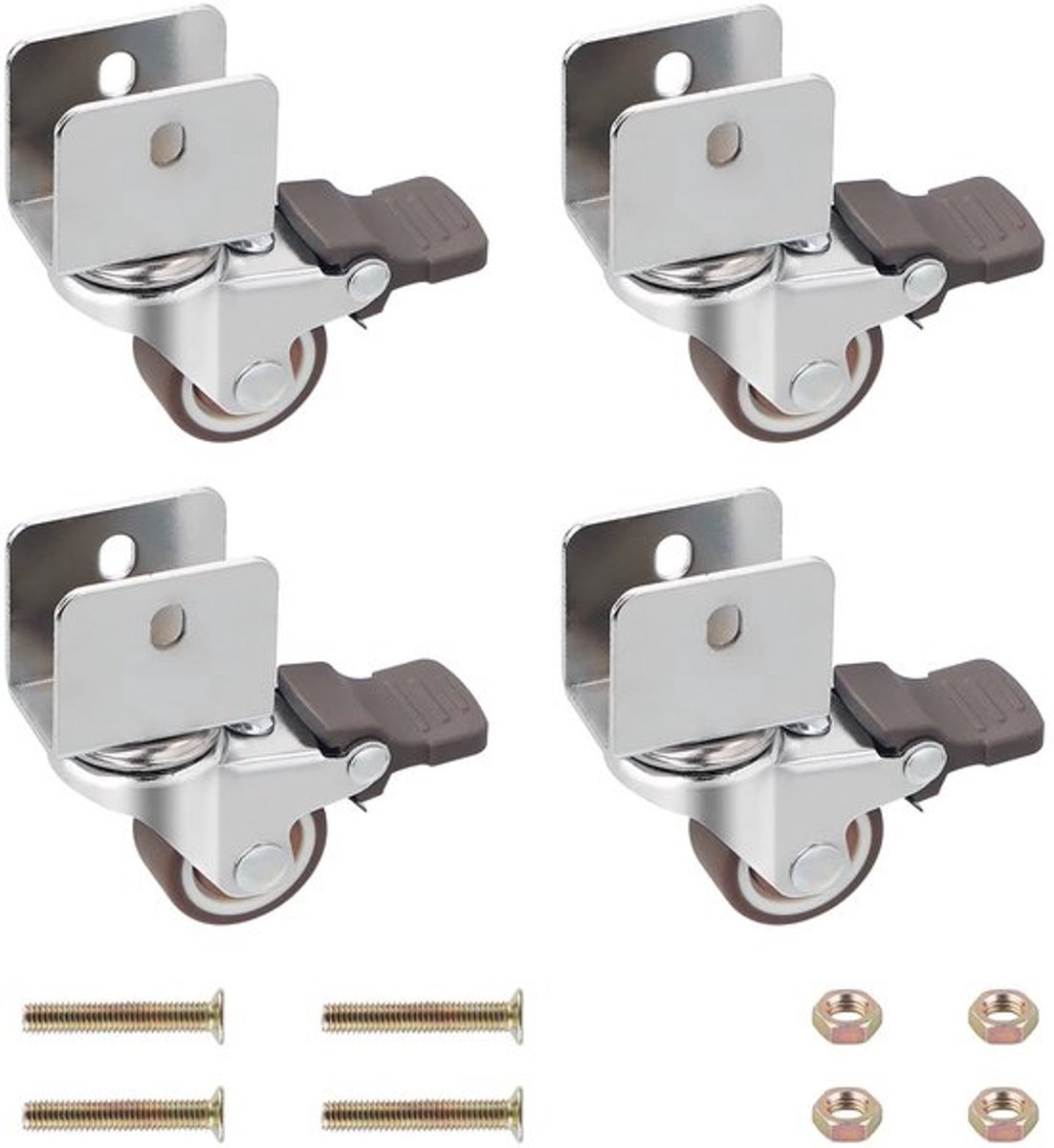 Meubelwielen Set van 4 - Zwenkwielen met Rem - Wieldiameter 25 mm - Plaatopening 17 mm - Draagkracht 10 kg per rol - Schokabsorberend Rubber
