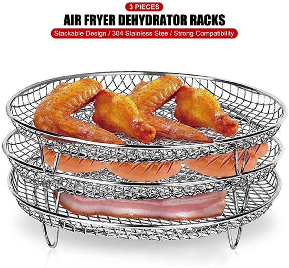 Luchtfriteuse Rek Stapelbaar Ontwerp Roestvrij Staal Geschikt voor Dehydrator Oven en Vaatwasmachinebestendig 20 x 9 x 4 cm Droogrek