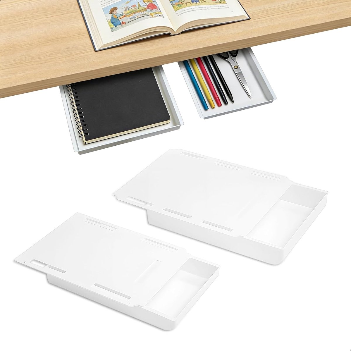 SnelShoppen - Onderkast Lades zonder Boren Zelfklevend Onder Bureau Lade Montage Set van 2 Groot + Extra Groot Wit voor Thuis en Kantoor