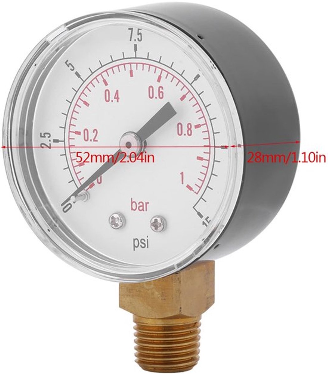 Manometer 1 Bar - Drukmeter Lucht/Olie - 1/4" BSPT Aansluiting - Wijzerplaat 52 mm - Betrouwbare Prestaties - Geschikt tot 60 ℃