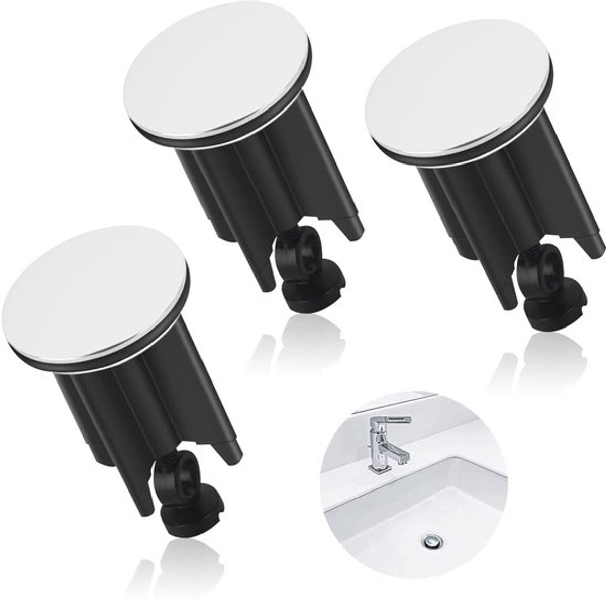 Wastafelplug Set van 3 - Aftappluggen - Badpluggen - Universele Gootsteenaftappluggen - Corrosiebestendig - Hoogwaardig Verchroomd Messing - Afvoerstopper