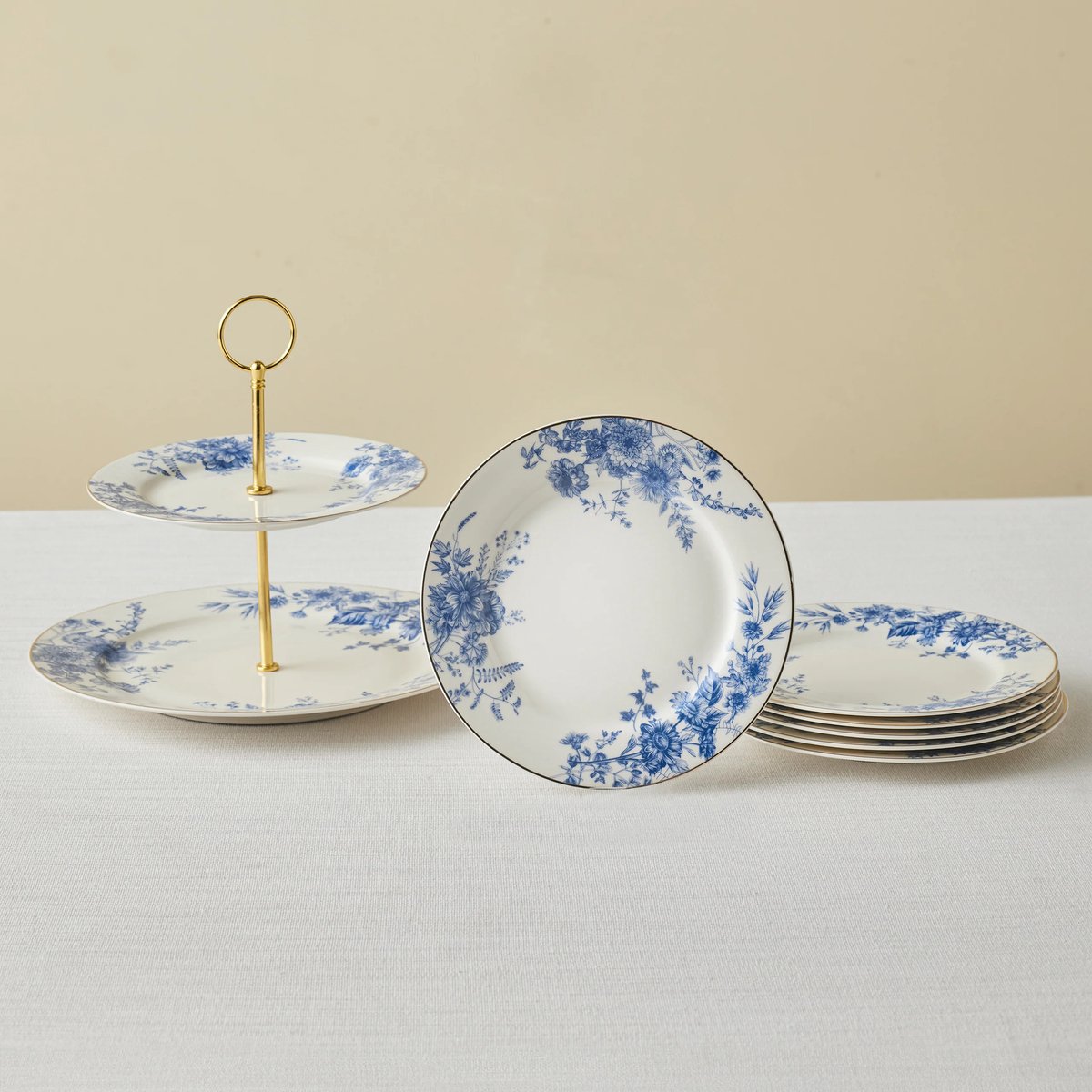 Karaca Delft - New Bone Serveerset – 8-delig – 6 Personen – Etagère & Dessertborden – Blauw